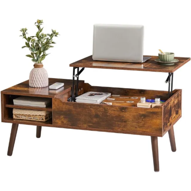 BOG Salontafel Met Hefblad - Verstelbare Opbergplank Met Verborgen Vak - Opklapbaar Tafelblad Voor Eettafel Woonkamer Ontvangst - Rustiek Bruin WCT001H