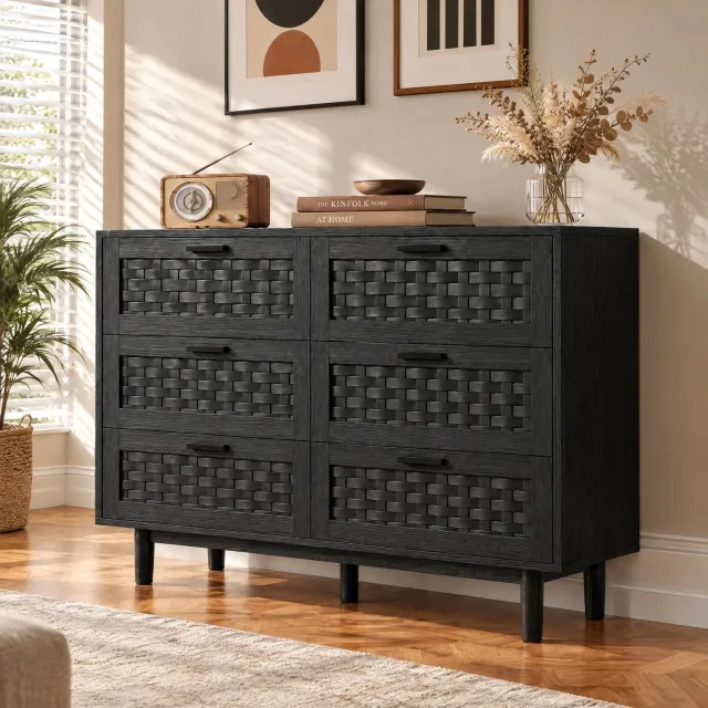 Yelenaro Ladekast 6 lades en rotan, moderne opbergkast met houten poten, commode voor de slaapkamer, woonkamer en hal, 115x 40 x 80 cm, zwarte