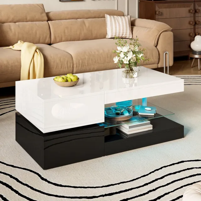 HAUSS SPOLE Salontafel - Led Verlichting Met App En Bluetooth - Voor Woonkamer - Spaanplaat En Glas - 90 x 45 x 35,5 cm - Zwart Wit Black