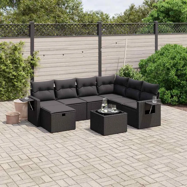 vidaXL 8-delige Loungeset met kussens poly rattan zwart, foto 2
