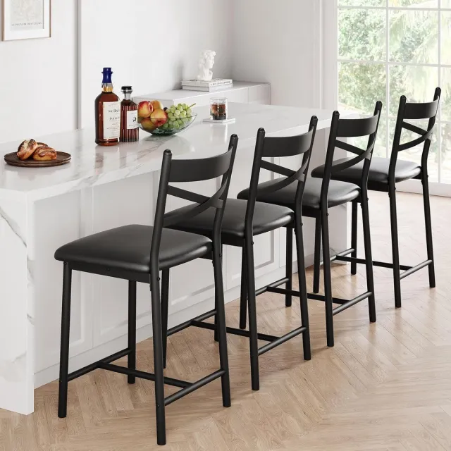 Triumpunpre Moderne set barstoelen – gestoffeerde stoelen voor aanrecht hoogte met rugleuning en dikke PU-leder zitting, robuust zwaar belastbaar metalen frame, geschikt voor keukeneiland, eetkamer, bistro en restaurant, vintage zwart en goud