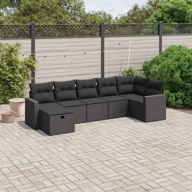 vidaXL 7-delige Loungeset met kussens poly rattan zwart, foto 2