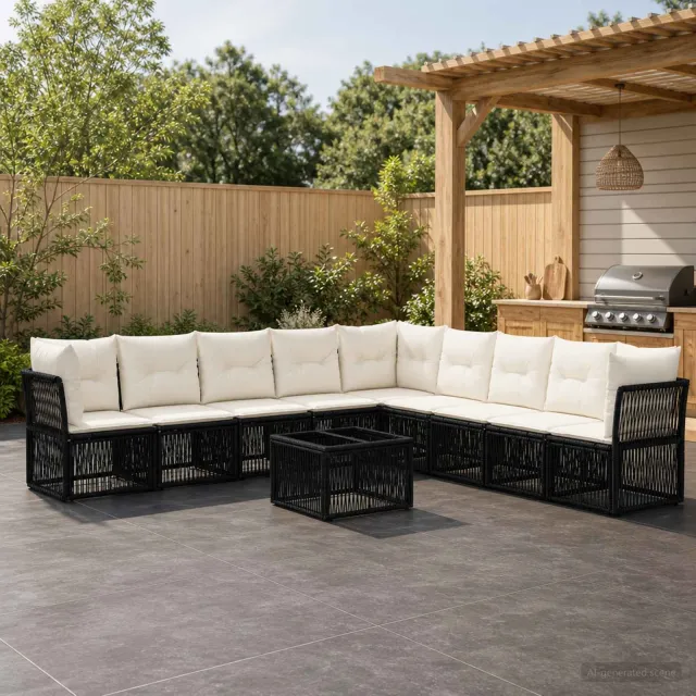 vidaXL Tuinbankenset 10 st 9-zits Zwart poly rattan, foto 2