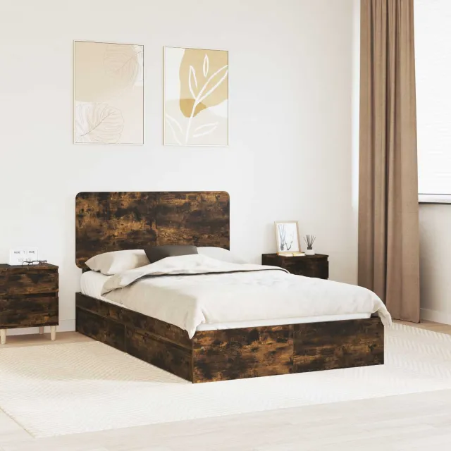 vidaXL Opslag bed met lade Gerookt eiken 135 x 190 cm Bewerkt hout Bruin