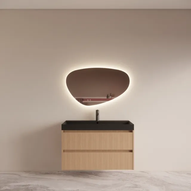 Boss & Wessing Badmeubelset BWS Riga met Lako Wastafel Zwart 100 cm Licht Eiken Japandi Bruin