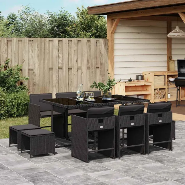 vidaXL 11-delige Tuinset met kussens poly rattan zwart