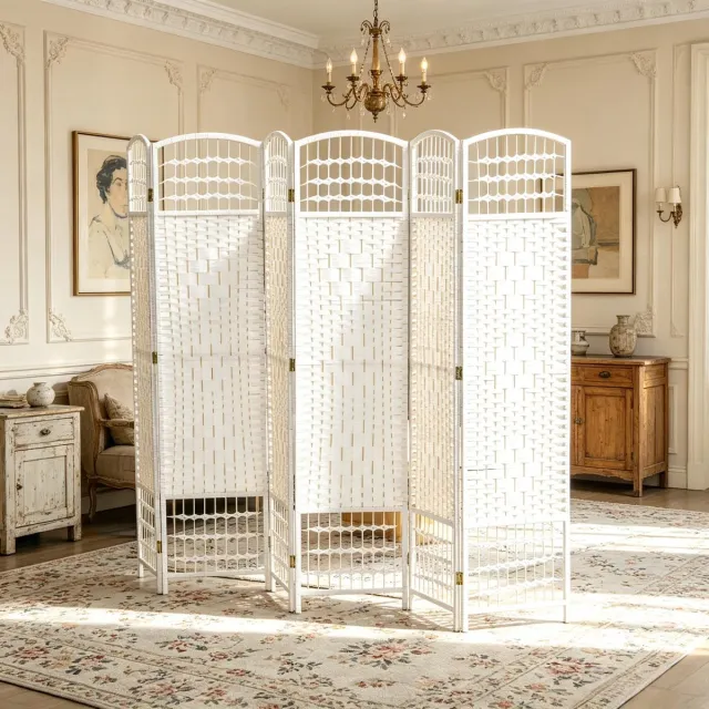DESMIU Kamerscherm – Opvouwbaar Met 6 Panelen – 242 x 170 cm – Hout En Papierkoord – Wit – Voor Privacy En Ruimteverdeling
