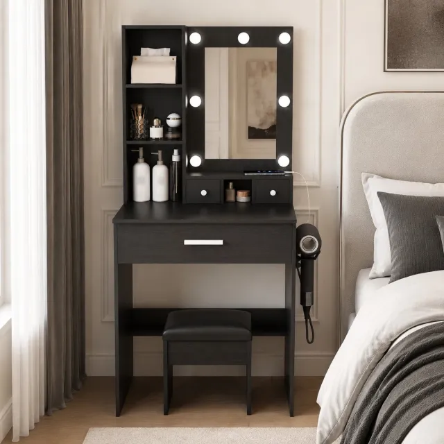 MEUNIQ Kaptafel met spiegel en dimbare LED-verlichting, 3 lichtmodi, stopcontact, haardrogerhouder, 3 lades en hocker, 60 x 38 x 131,5 cm, zwart
