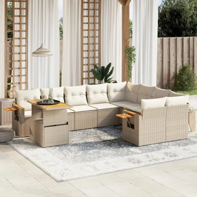 vidaXL 10-delige Loungeset met kussens poly rattan beige, foto 2