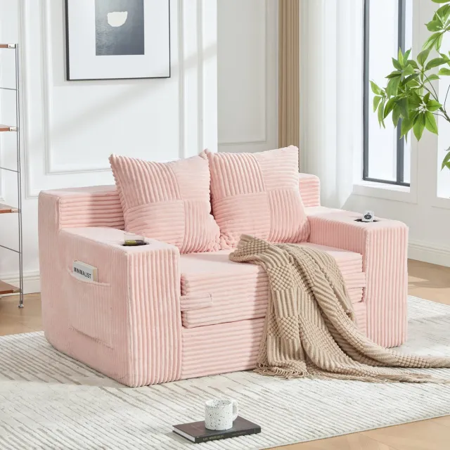 MODENUIT Slaapbank 151 x 133 cm - 2-Zits Met 2 Kussens En Bekerhouder - Woonkamer - Ribfluweel Roze