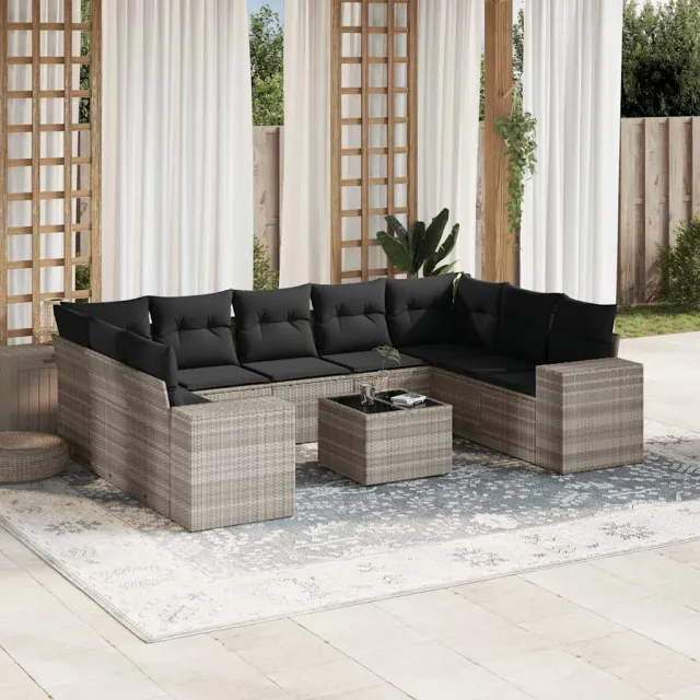 vidaXL 10-delige Loungeset met kussens poly rattan lichtgrijs grijs, foto 2