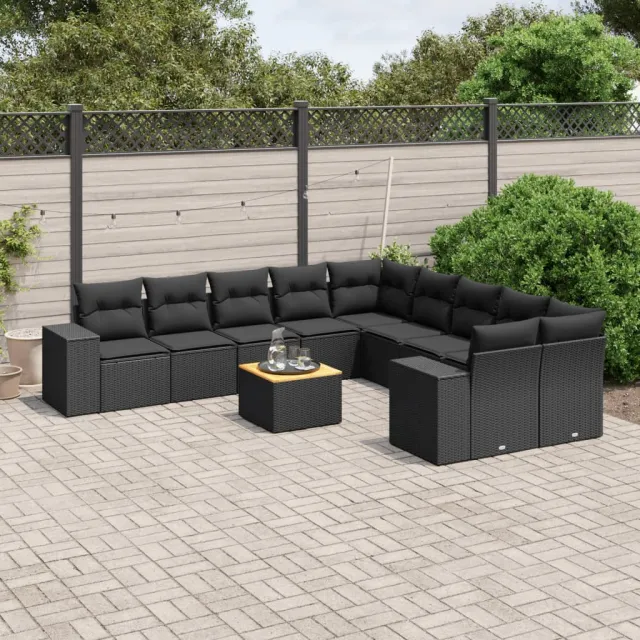 vidaXL 11-delige Loungeset met kussens poly rattan zwart, foto 2