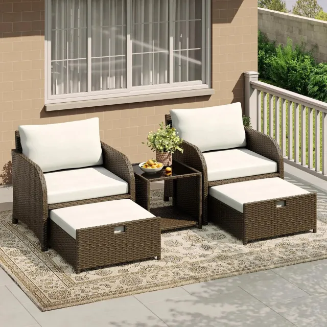 Gudalio Tuinset - Tuinstoelen - Loungeset - Fauteuil - 5-delig - Inclusief kussens - Inclusief voetenbankjes - Rotan - Beige Bruin