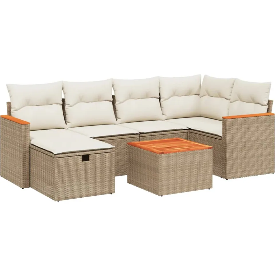 vidaXL 7-delige Loungeset met kussens poly rattan beige, foto 3