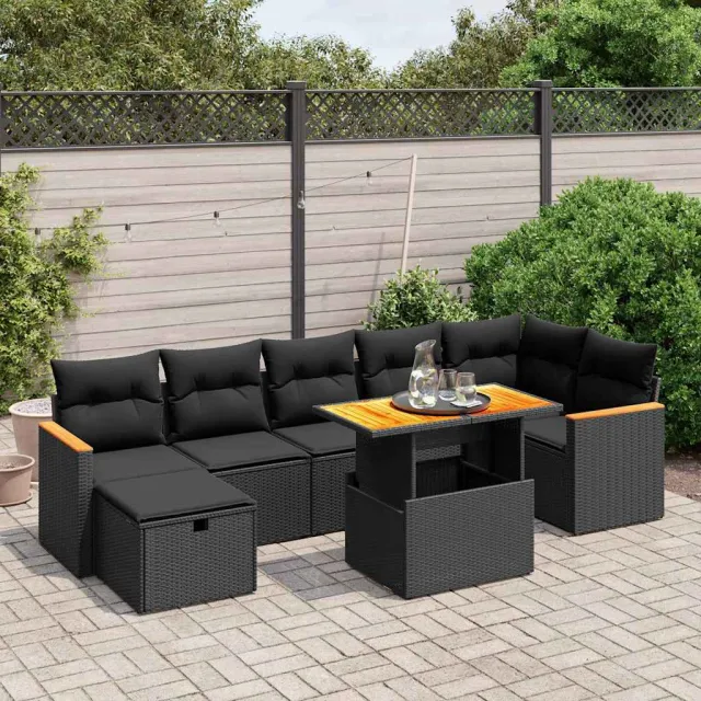 vidaXL 8-delige Loungeset met kussens poly rattan zwart, foto 2