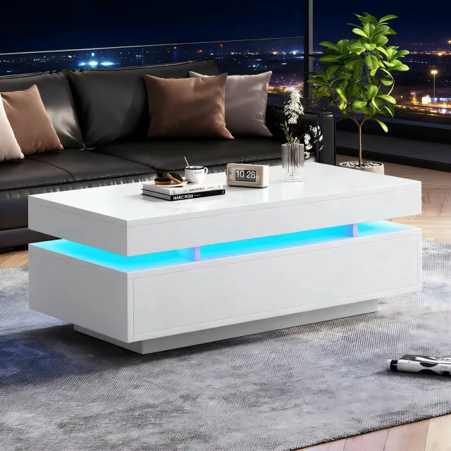 KOMHTOM Salontafel met 2 lades - Hoogglanzend - LED-verlichting - Koffietafel - Bijzettafel - 100x50x35 cm - Wit