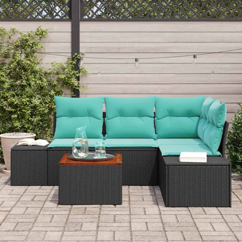 vidaXL Tuinbankenset 5 st Zwart en Turquoise poly rattan, foto 3