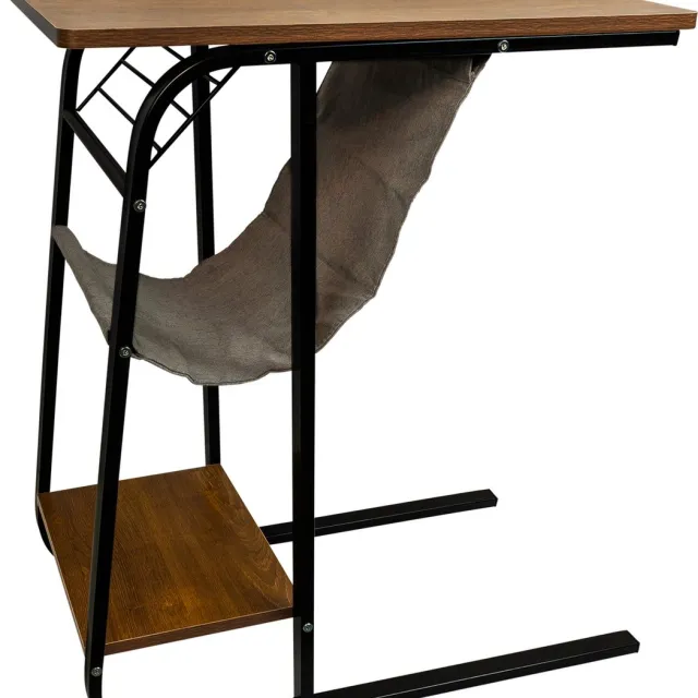 QUVIO Bijzettafel op wieltjes - Met legplanken - Bijzettafeltje - Rollend tafeltje - Sidetable - Hout - Stof - Metaal - Bruin, zwart en grijs - 65 x 40 x 75 cm