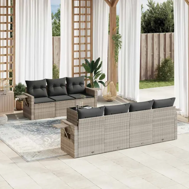 vidaXL 8-delige Loungeset met kussens poly rattan lichtgrijs grijs, foto 2