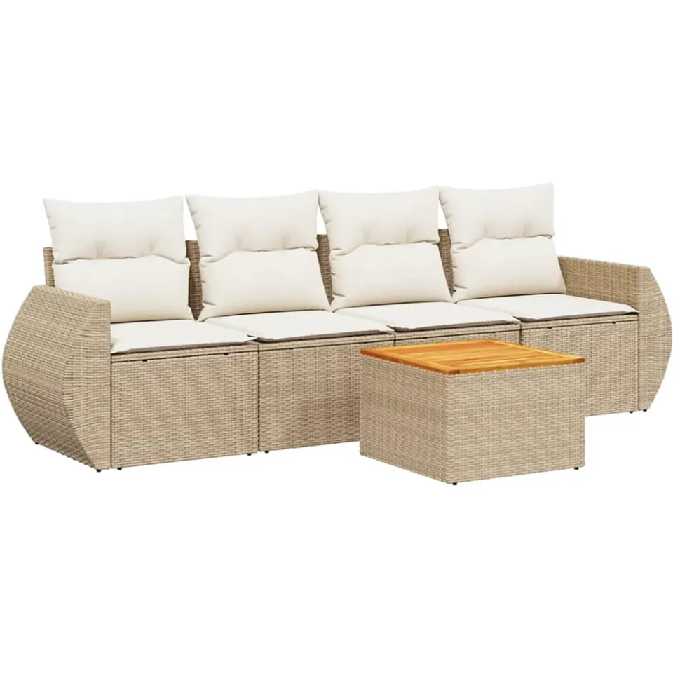 vidaXL 5-delige Loungeset met kussens poly rattan beige, foto 3