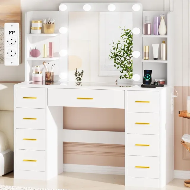 Kavo Makeup Tafel - 9 Lades - Kaptafel - Kaptafel met LED Kavoiegel - Wit - 40cm x 105cm x 140cm