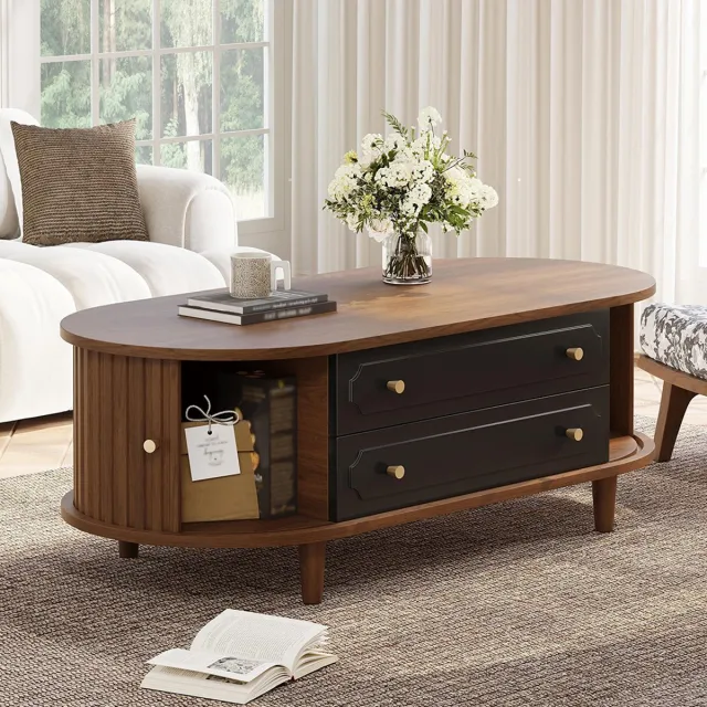KOMHTOM BLACKCOLORS 100 x 50 x 36 cm, salontafel, kleur notenhout. Salontafel met twee lades, salontafel met schuifdeur, bijzettafel, salontafel met 4 poten, kleur notenhout + zwart