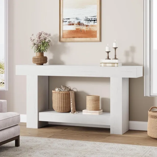 Garvee Haltafel - Bijzettafel - Bijzettafel in landelijke stijl van 160 cm lang - Lange bijzettafel met twee planken en opbergruimte - Witte bijzettafel - Geschikt voor de woonkamer, hal en gang - 160 × 80 × 30 cm