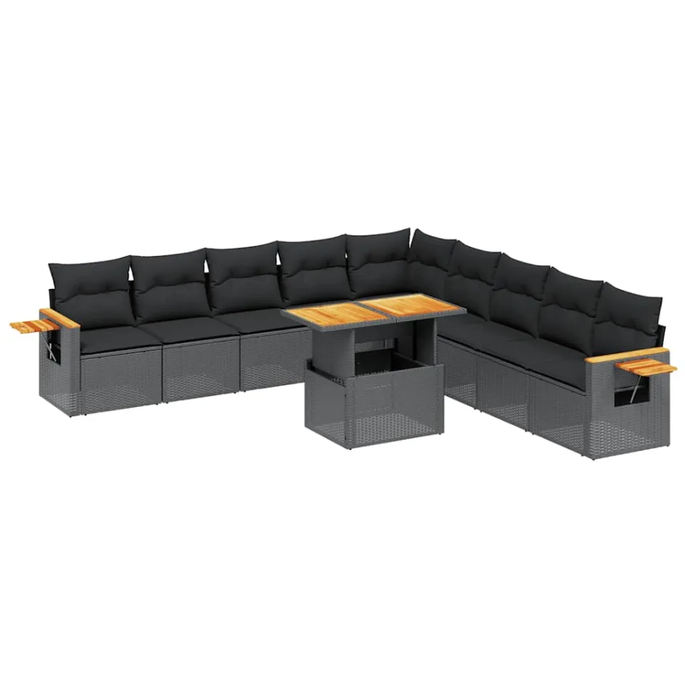 vidaXL 11-delige Loungeset met kussens poly rattan zwart, foto 3