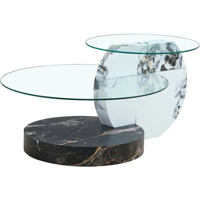 MUVANO Glazen salontafel met twee niveaus - Ronde bladen - MDF met marmerlook - Diameter 50 en 70 cm - Antislipvoetjes - Woonkamer - Wit en zwart