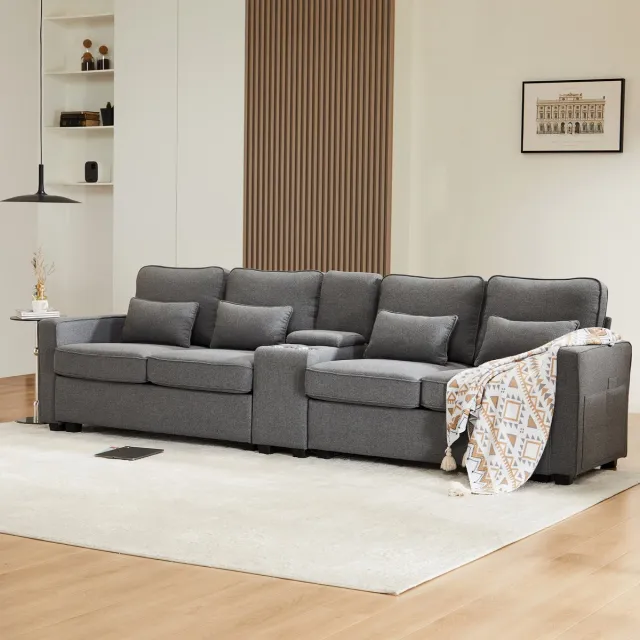 MODENUIT Sofa 290 x 83 x 88 cm - Met USB, Bekerhouders en Opbergvakken - Voor Woonkamer - Linnen Donkergrijs