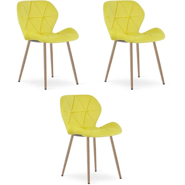 Oskar MANGO Eetkamerstoelen – Set van 3 – Geel Velvet – Metalen Poten in Eikenlook – Comfortabele Gestoffeerde Zitting – Modern Design – Velvet Stoel voor Woonkamer, Keuken en Eetkamer – Max. 110 kg per Stoel