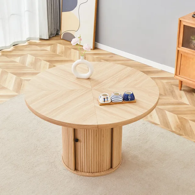 MIVRAY Eettafel - Ronde Eettafel Met Opbergruimte En Zuilvoet - Voor 4 Tot 6 Personen In Eetkamer - Houtlook MDF - 115 x 74 cm Wood