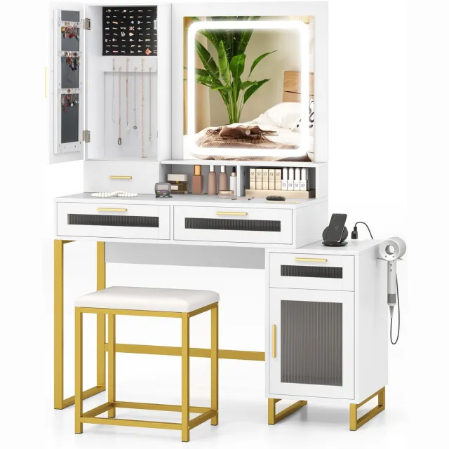 Costway Make-uptafel met ledverlichting, kaptafel met laadstation, sieradenkast, kruk, spiegel, laden, kast, open vakken en haardrogerhouder, cosmeticatafel, wit