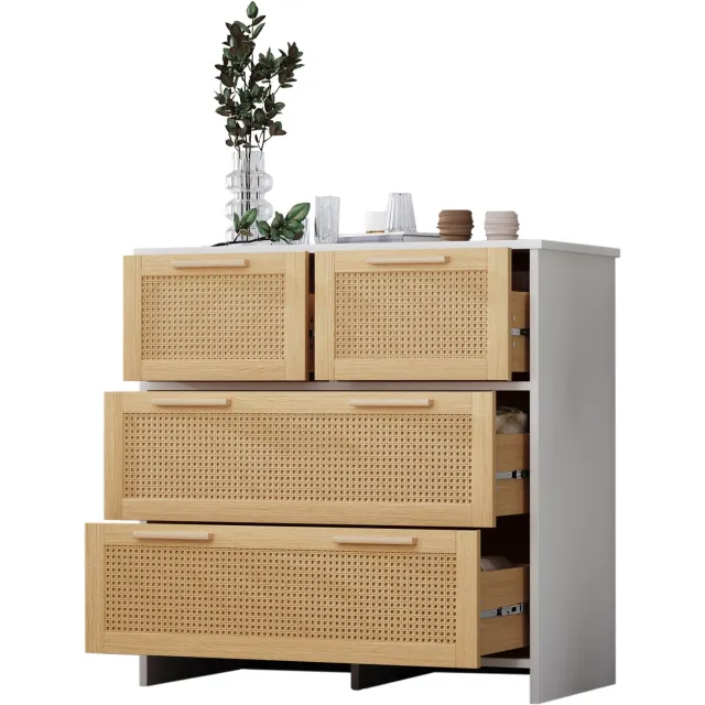 Ropilly Ladekast - 80 x 80 x 38 cm - 4 diepe lades - Rattanlook met massief houten handgrepen - naturel wit - voor slaapkamer, woonkamer of hal Naturel en wit