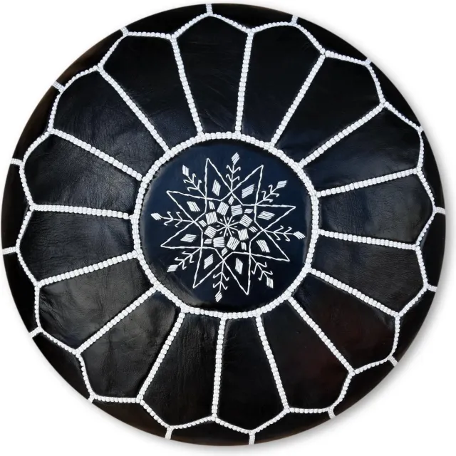 Poef zwart - Poef rond van leer - Handgemaakt en stijlvol - Gevuld geleverd - Poufs&Pillows