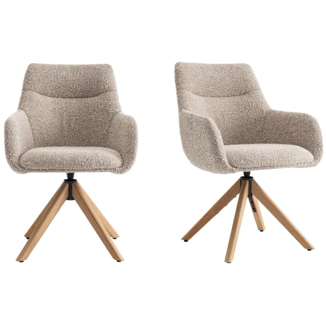 Furnihaus Eetkamerstoelen met armleuning - Turn - Set van 2 - Draaibaar - Taupe - Bouclé Stof - Eiken Poten