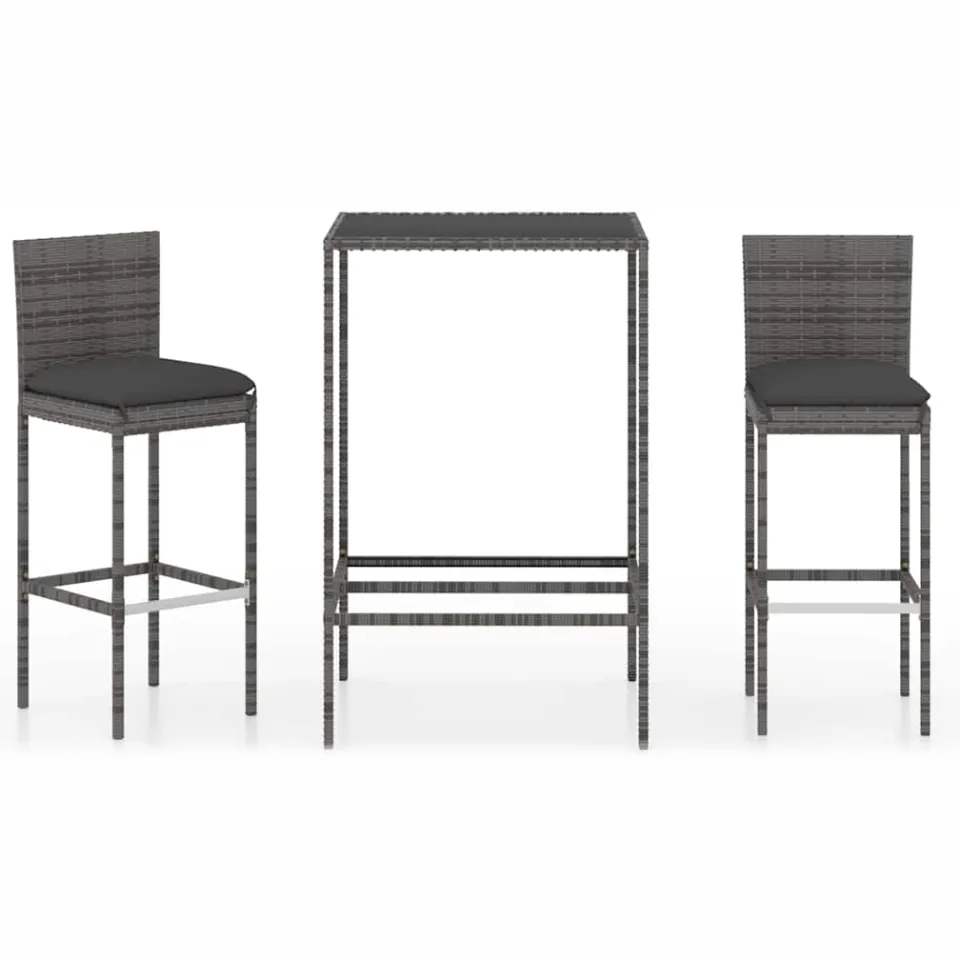 vidaXL 3-delige Tuinbarset met kussens poly rattan grijs