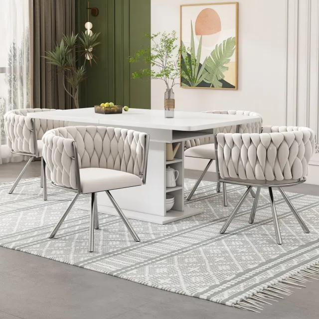 DESMIU Eetkamerstoel Set Van 4 - 360° Draaibaar Met Ergonomische Rugleuning - Voor Eetkamer, Woonkamer En Slaapkamer - Velvet - Beige Zilver