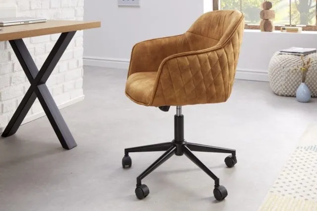 Invicta Interior In hoogte verstelbare bureaustoel EUPHORIA mosterdgeel fluweel met decoratieve stiksels - 40866 Zie omschrijving