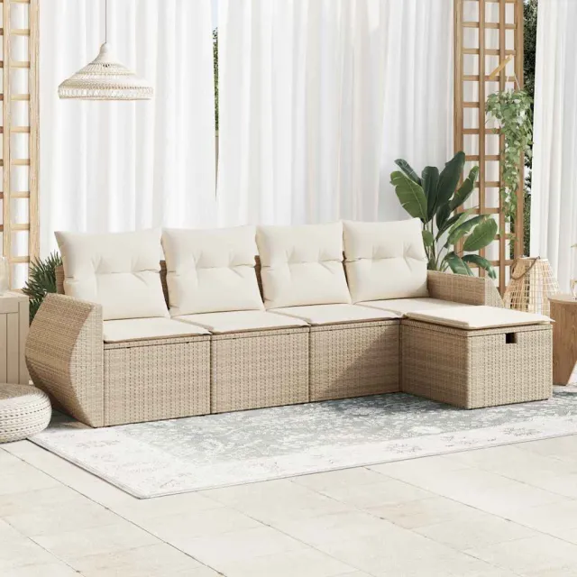 vidaXL 5-delige Loungeset met kussens poly rattan beige, foto 2