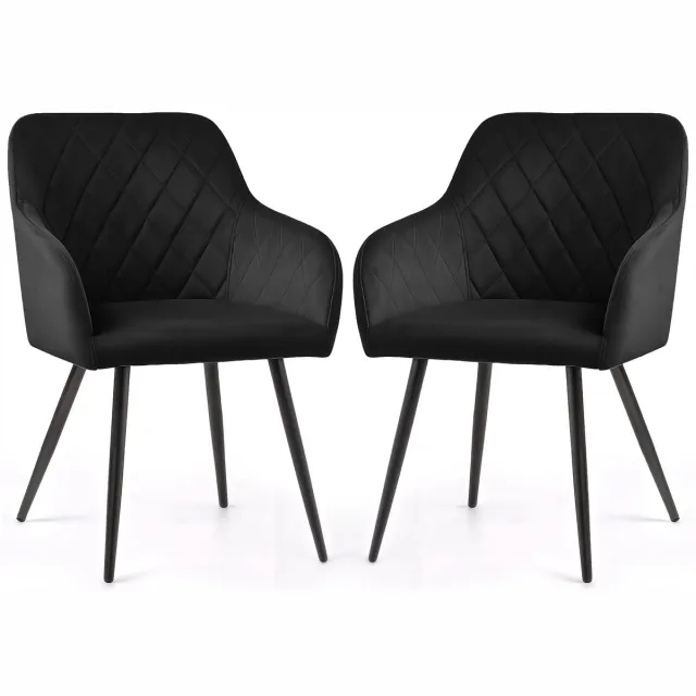 Akord Set van 2 Eetkamerstoelen VELTO met Armleuningen / Gestoffeerde Stoelen / Fluwelen Stoelen en Metalen Poten / Zwart met zwarte benen