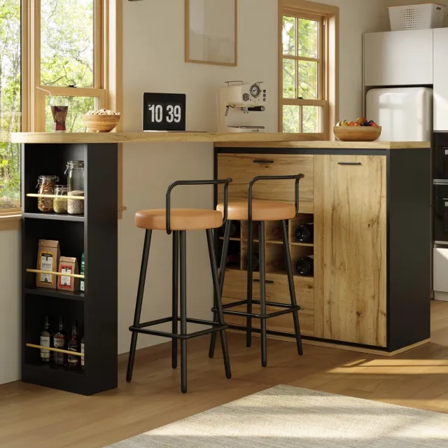Sweiko Bartafel - Eettafel - Uitschuifbaar 220 cm - Woodgrain - 2 lades - Wijnrek - Zwart + Natuurlijke(Geen stoelen)