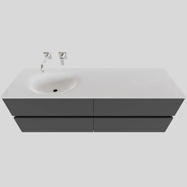 Boss & Wessing Badkamermeubel Solid Surface BWS Stockholm 200x46 cm Mat Antraciet Wasbak Links (0 kraangaten, 4 lades)