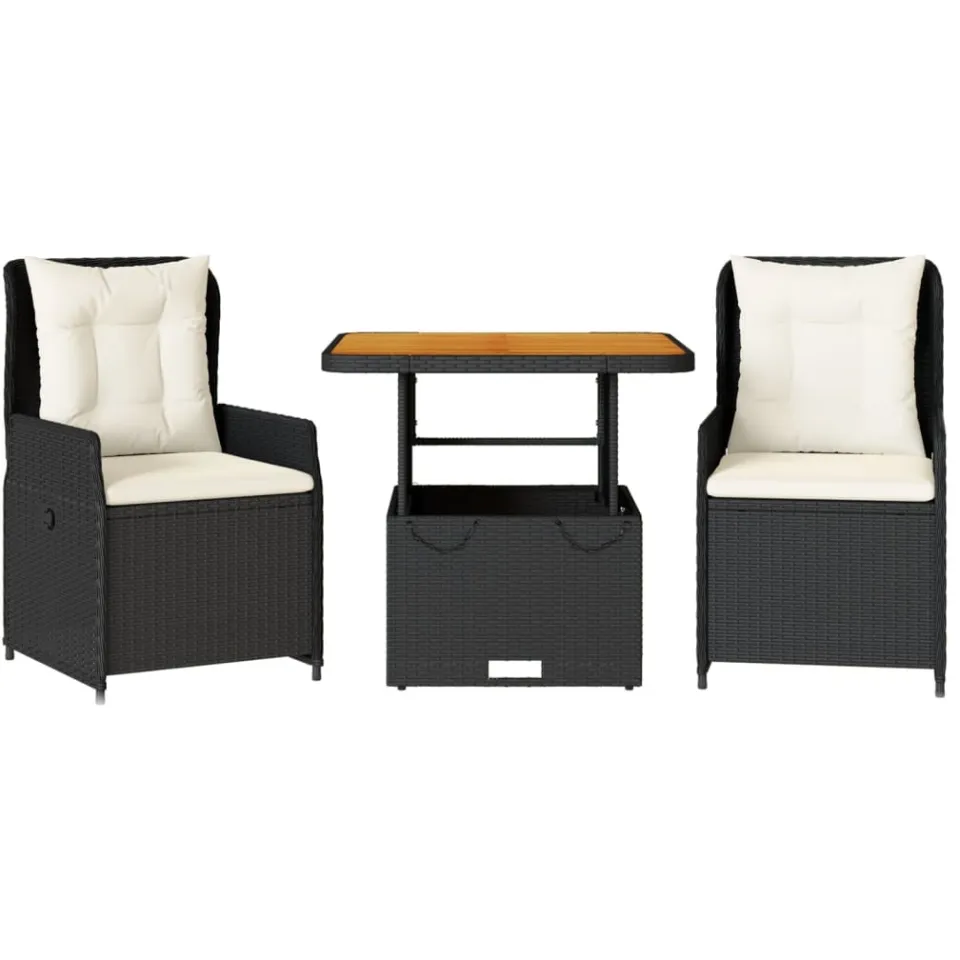 vidaXL 3-delige Bistroset met kussens poly rattan zwart, foto 3