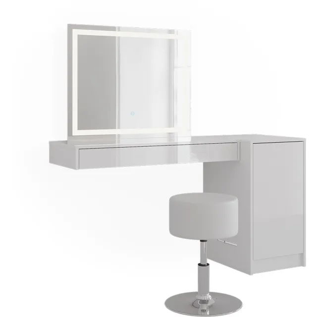 Vicco Kaptafel set met kruk Sherry, Wit, 140.2 cm met LED-spiegel, kruk en deurmodule