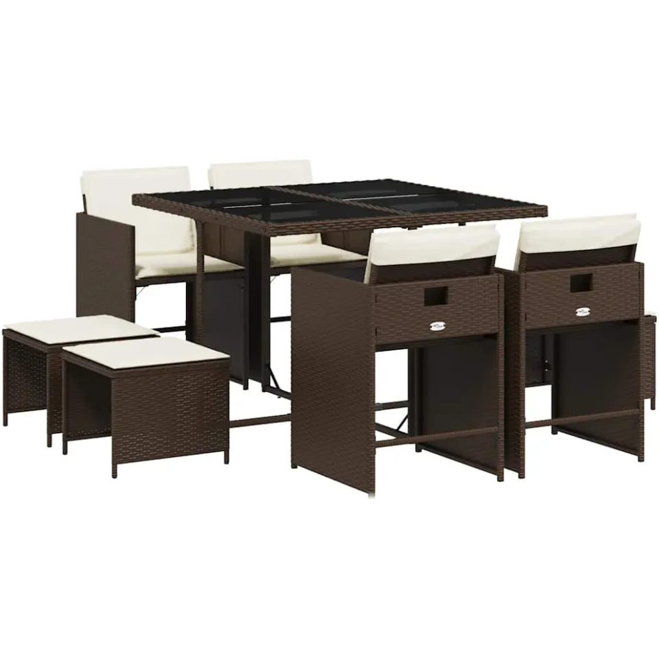 vidaXL 9-delige Tuinset met kussens poly rattan bruin
