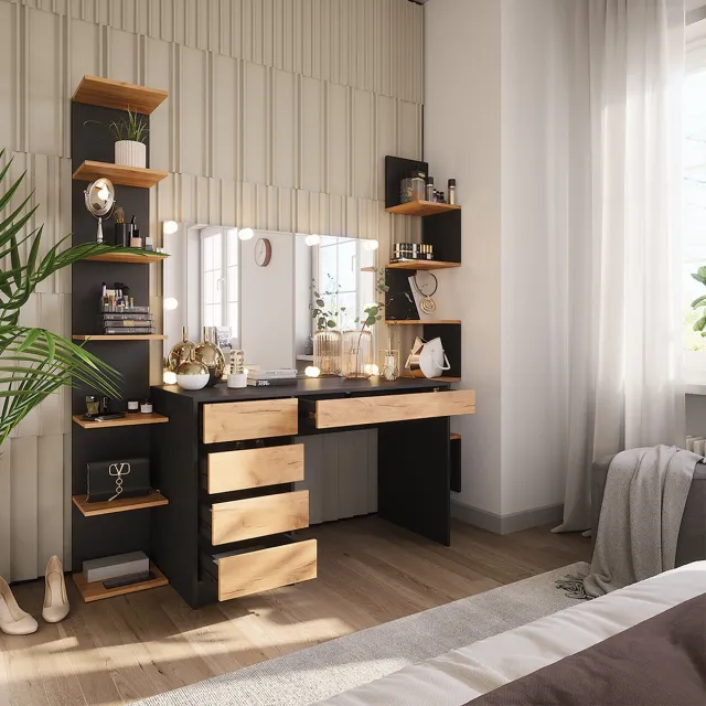 Vicco Kaptafel Sherry, Antraciet/Goudkleurig Eiken, 120 x 145 cm met spiegel en LED-lichtslinger