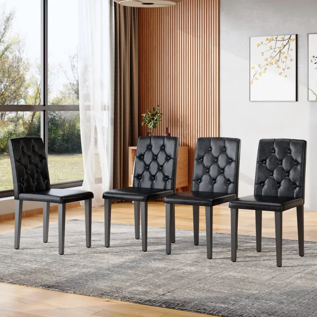 OKWISH Eetkamerstoel 4 Stuks - Comfortabele Zit Met Ruitstiksel Rugleuning - Voor Eetkamer Cafe Of Kantoor - Kunstleer En Metaal - Zwart