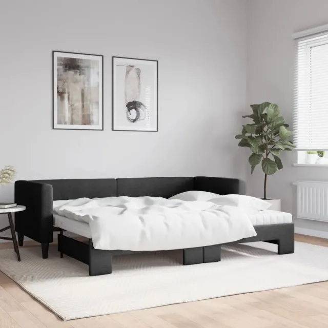 vidaXL Slaapbank met onderschuifbed en matrassen 80x200 cm stof zwart