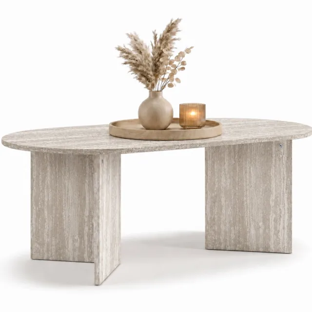 Acaza Salontafel - Luxe Salontafel Ovaal - Travertinlook grijs - 100 x 50 x 37,5 cm (L x B x H) - Hout - Koffietafel - Japandi Salontafel - Salontafel Organisch
